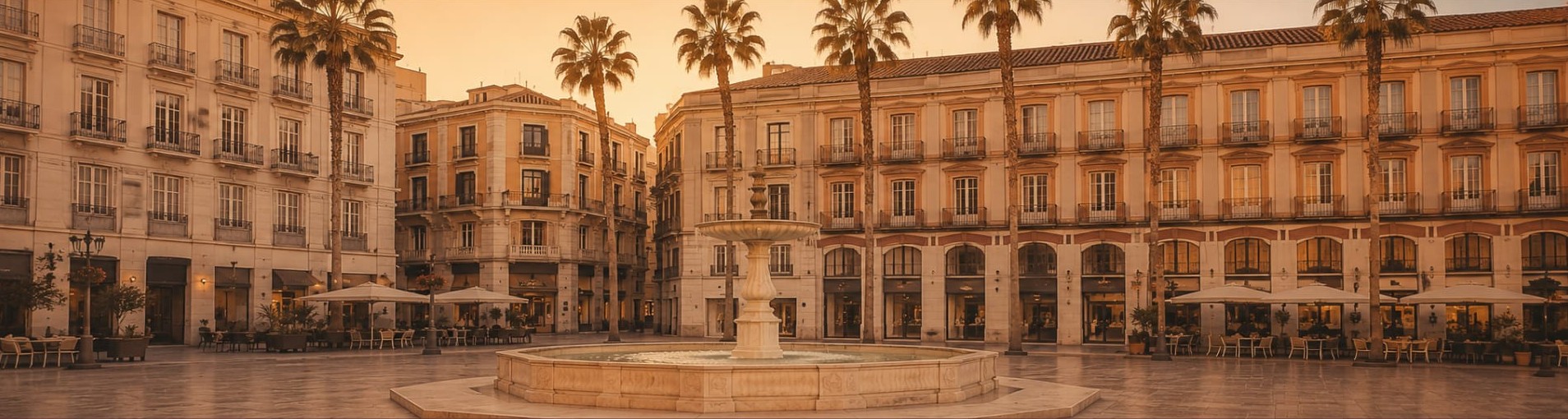 Springbrunnen und Palmen auf der Plaza de la Constitución in Málaga.